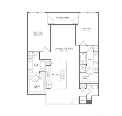 Floor plan for 2 beds, 2 baths, 1433 sqft